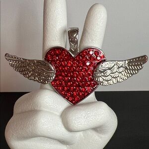 Red Heart and Angel Wings Silver Magnetic Pendant Retro Style